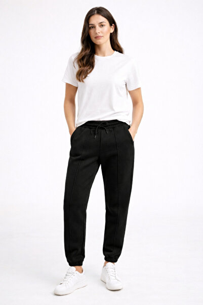 DI LORIA بنطال رياضي نسائي أسود بثلاثة خيوط ش مبطن بالصوف عالي الخصر