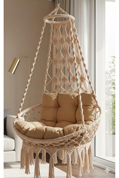 WOODSHUT Tek Kişilik Makrome El Örgüsü Salıncak MİS38001BejMA (Salıncak + Min...