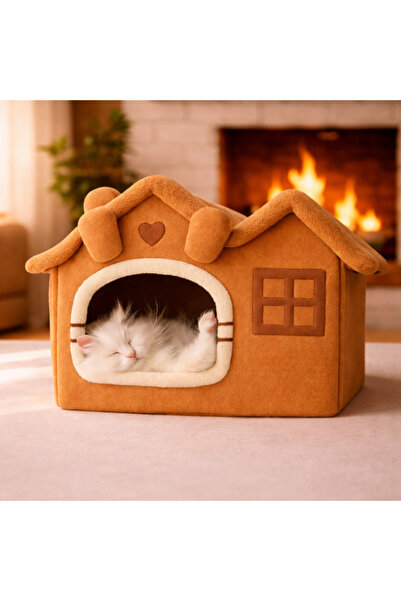 Oumo Villa Kedi Evi Peluş Kapalı Kedi Yatağı Minderli Katlanır Kedi Evi L Boy