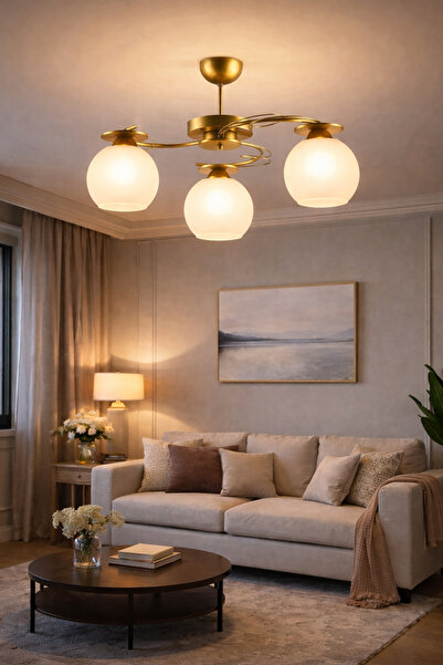 Uçar Modern Ilay Eskitme Gold Boyalı 3 Lü Camlı Avize