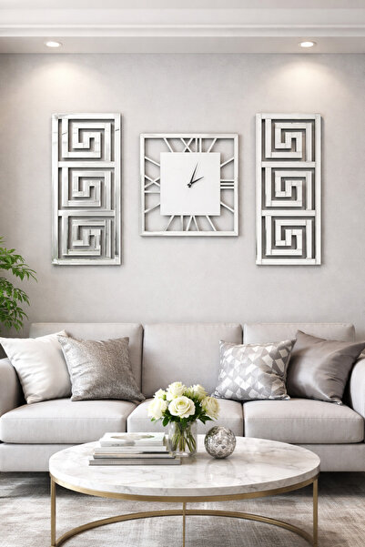 EYKA STORE Dekoratif 3 Lü Set Pleksi Gümüş Aynalı Şık Duvar Saati Ve Dekoru