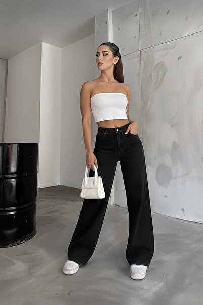 NWC Güneş Siyah material elastic Super talie înaltă Denim cu picioare largi p...