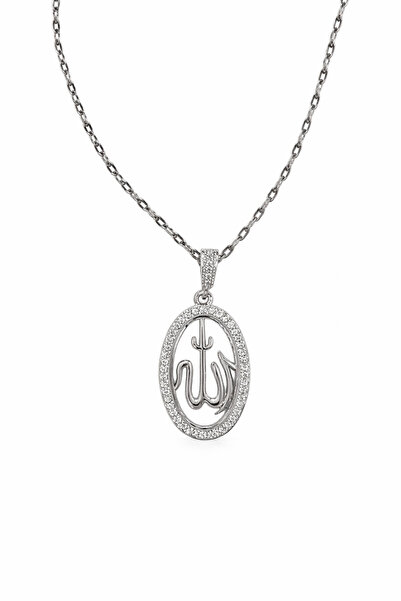 TuQos Allah Yazılı Çelik Kolye Taşları Zirkon Gümüş Renk Kararmaz Ve Paslanmaz