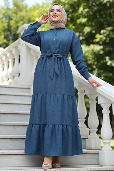 N.S NEVA STYLE Kat Piliseli İndigo Mavisi Tesettür Elbise 61621IM