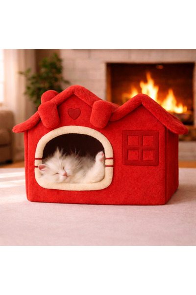 Oumo Villa Kedi Evi Peluş Kapalı Kedi Yatağı Minderli Katlanır Kedi Evi L Boy