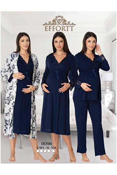 Effortt Yaprak Desenli Sabahlıklı Gecelikli Lacivert Lohusa Pijama Takımı