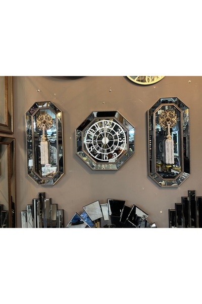 Amisos Dekor 8 Gen 3’lü Püsküllü Saat Takımı – Gümüş Çerçeve Füme Ayna