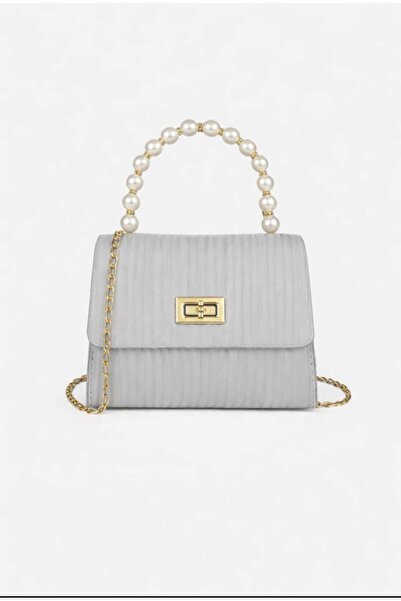 ÖZÜM TAKI Women's Pearl Handle Hand and Shoulder Bag Gray