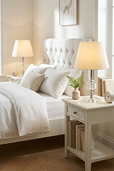 AbajurAksesuar Akife Double Silver Crystal Lampshade Cream