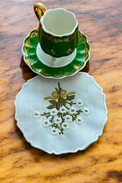 NAKIŞHAN Papatya Buket Özel Nakışlı Keten Kahve Sunumluk Peçetesi-Yeşil/Gold ...