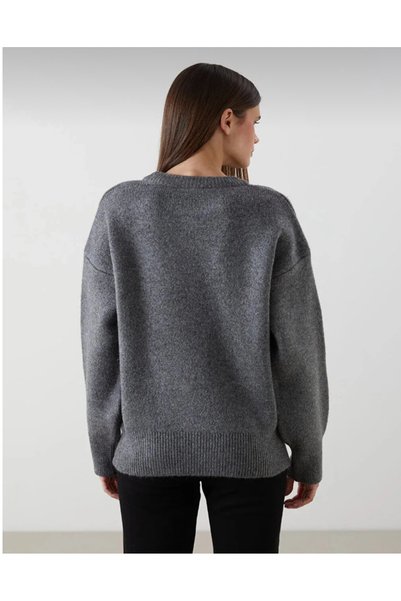 GAJA Women's Knitwear Regular Fit Crew Neck Anthracite Extra Soft Wool Textured Oversized Women's Sweater