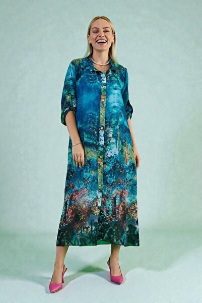 vividbutik Tablo Desenli Dijital Baskılı Çiçekli Astarlı Şifon Elbise