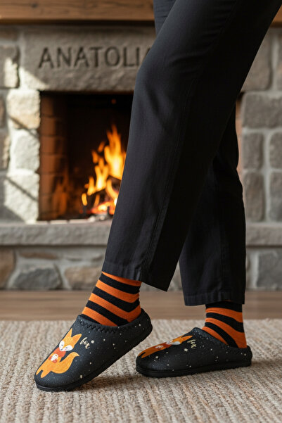 GEZER Μαύρες Πορτοκαλί Γυναικείες Χειμερινές Παντόφλες Σπιτιού