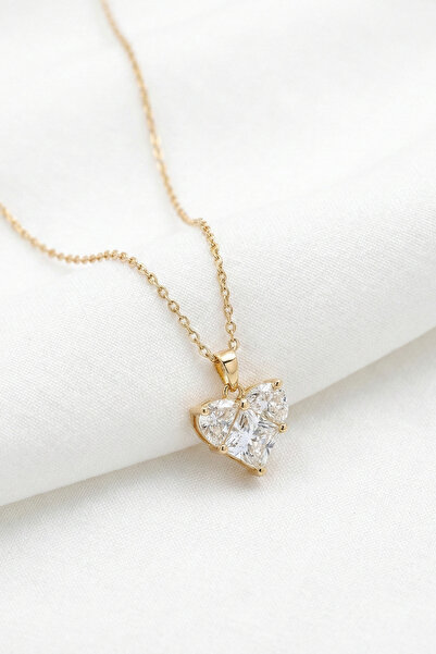 Heart Model Stainless Steel Gold Color Women's Necklace with Zircon Gemstone