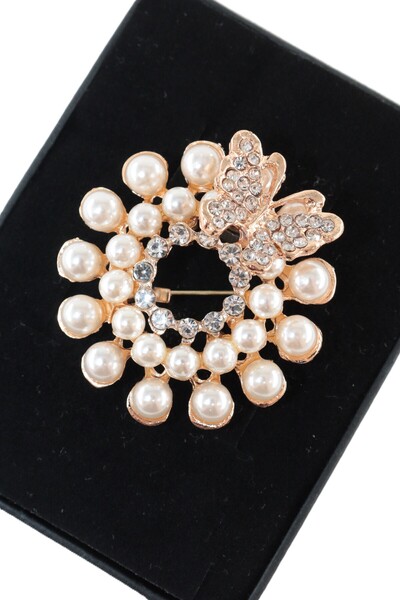 KEEBA Masumiyet tahtı inci çemberi kelebek broş gold kristal taşlı incili kel...