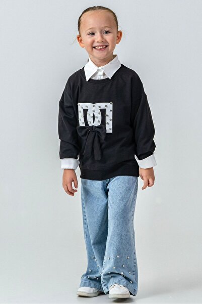 LUCEVERA طقم بناتي مكون من 3 قطع – سويت شيرت بتفاصيل حجرية + قميص + جينز واسع...