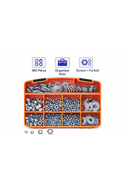 Civtex 681 Parça 9 Çeşit Somun ve Pul Seti – DIN 934, Organizer Kutulu