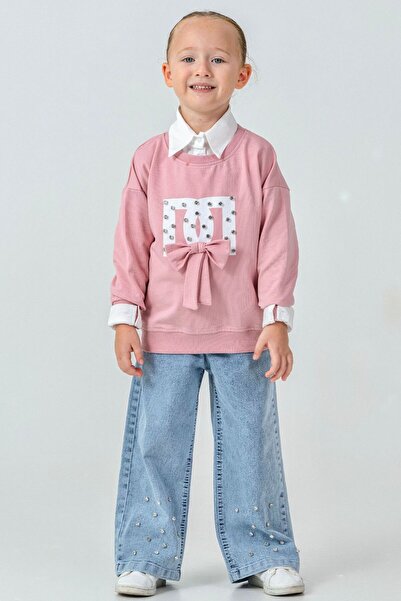 LUCEVERA طقم بناتي مكون من 3 قطع – سويت شيرت بتفاصيل حجرية + قميص + جينز واسع...