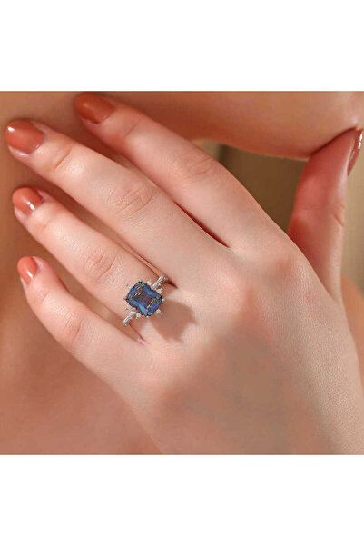 Gumush Gümüş Mavi Zirkon Taşlı Kadın Yüzük