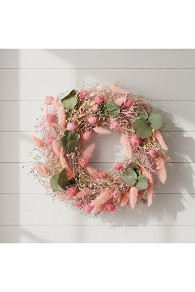 VS NATURAL PRODUCTS 30 cm Doğal Kurutulmuş Çiçek Çelenk - El Yapımı Pembe Boh...