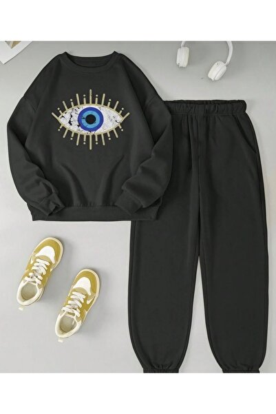 Oceanwear Nazar Boncuk Eye Themed Women's Top and Bottom Black Tracksuit Set ...
