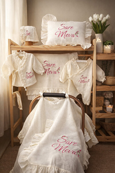 hobittubaby Yenidoğan isim nakışlı bebek Müslin hastane çıkış seti 7 parça