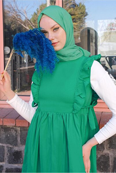 TRENDTESETTÜR Kadın Yeşil (BENETTON) Fırfırlı Bağlama Detaylı Jile Elbise T 4130