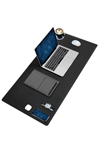 BLACK DEER Siyah Deri 90x40 XL Mouse Pad Dikişli Kenar Çift Yönlü Kullanım Ma...