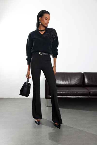 5in1Canpolat Siyah Kemerli Likralı İspanyol Kumaş Pantolon 2076