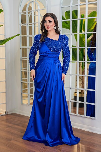 Matik Abiyem Draped Long Evening Dress with Sequin Detail