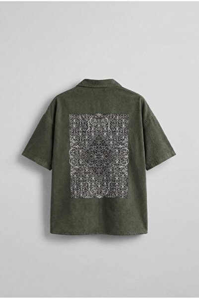 ablukaonline Erkek Kısa Kollu Desen Baskılı Yıkamalı Oversize Gömlek Haki