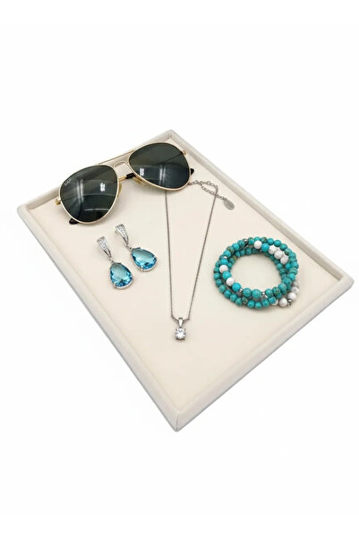 Aydın Decor Sertex Kumaşı Krem Renk Takı Servis Kutu Tabla (AYDINDECOR)