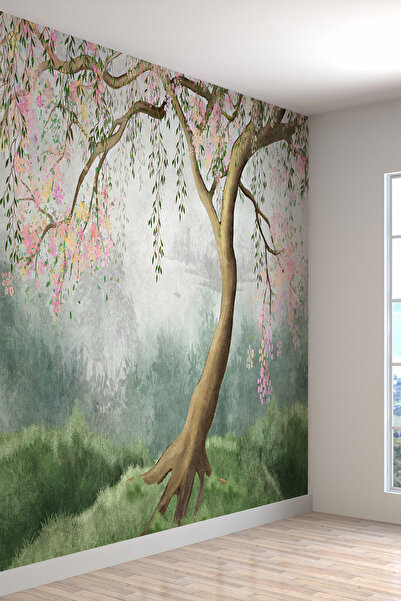 dreamwall Sulu Boya Çalışması Pembe Çiçekli Ağaç Desenli Tekstil Duvar Kağıdı
