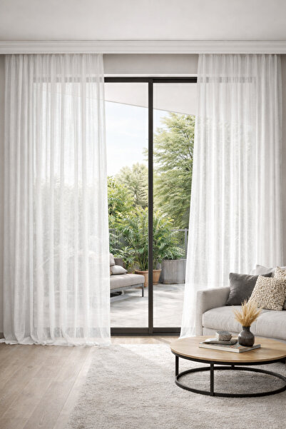 GOCCIA HOME Keten Görünümlü Düz Tül Perde Pilesiz Ekru