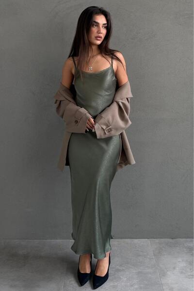 Madmext Green Adjustable Strap Lace Detailed Women's Satin Dress Mg2660