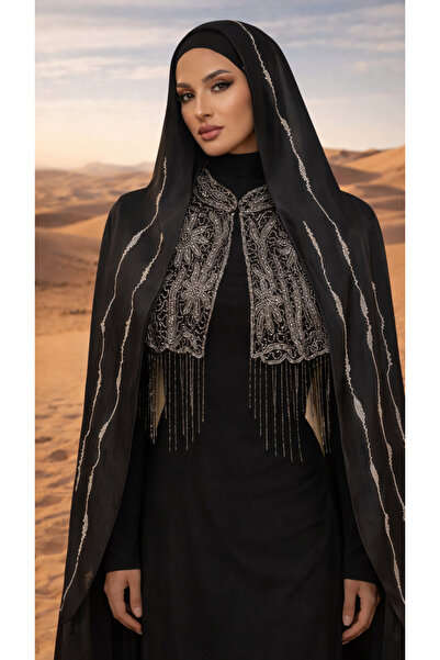 CROCUS DESIGN Abiye saten janjan Kristal taş işleme siyah şal