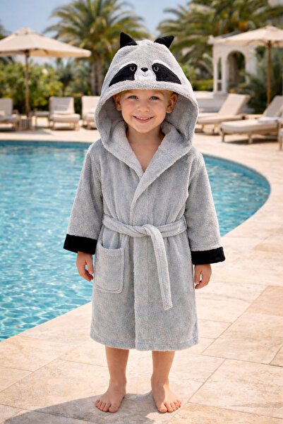 ELY PARKER Hooded Children's Bathrobe - Boys 100% Cotton Animal Raccoon Gray ...