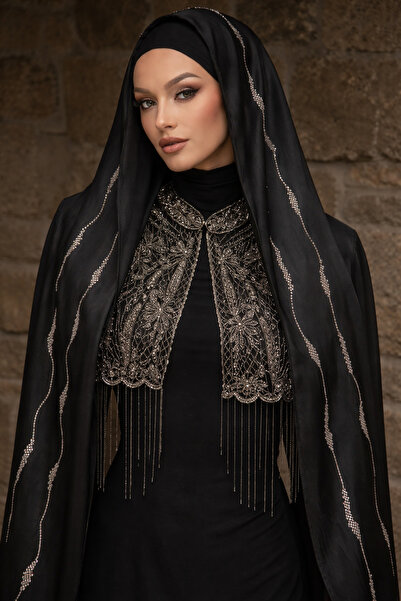 CROCUS DESIGN Evening Dress Satin Janjan Crystal Stone Work Black Shawl