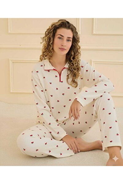 Mihra طقم بيجامة نسائية بنمط الكرز من قماش الوافل بسحاب نصفي