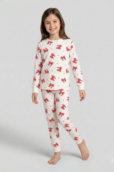 ZUZUNGA Ekru Renk Kırmızı Fiyonk Baskılı Kız Çocuk Pijama Takımı