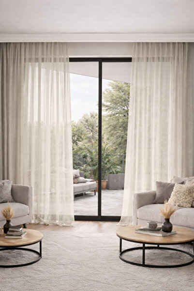 GOCCIA HOME Tül Perde Naturel Keten Görünümlü Salon Oturma Ütü İstemez Kurşun...