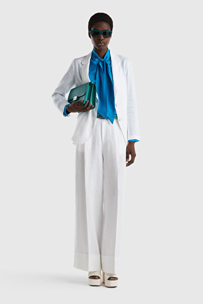 United Colors of Benetton Γυναικείο λευκό παντελόνι από 100% λινό με ελαστική...