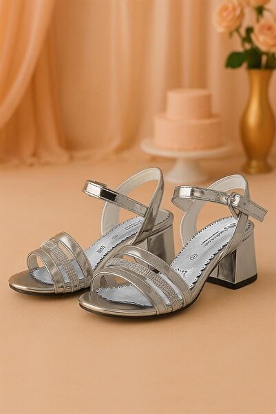 hapshoe Platinum Grey Patent Leather Stone Thick Girl's Evening Dress Shoes W...