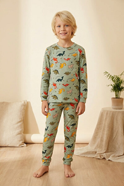 MADALİNA Chlapecký set pyžama se vzorem dinosaura ze 100% bavlny v zeleném pr...