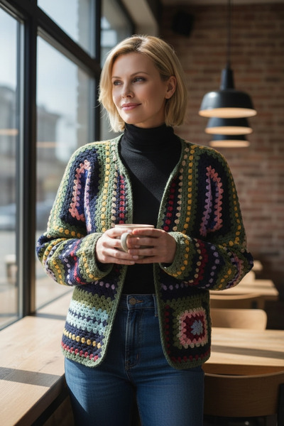 Örgü Sanatı DilekÇak El Örgüsü Patchwork Ömürlük Hırka, Ponpon Detaylı, Renk ...