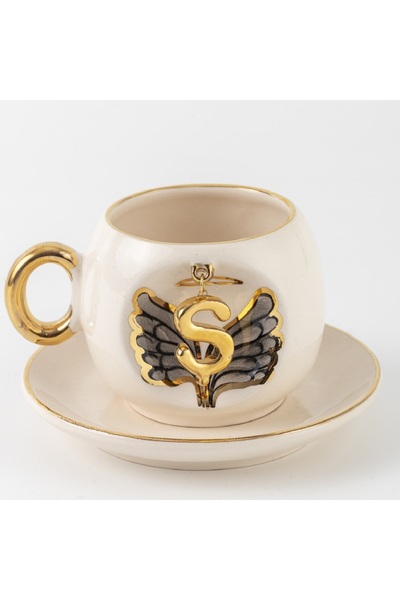 BSK Ceramics Handmade Harfli Siyah Melek Kahve Fincanı Ş Harfi