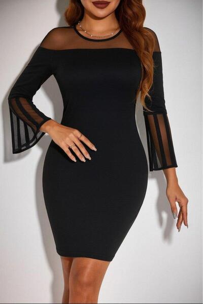 Genel Markalar Kadın Uzun şeffaf şerit Kollu Madonna Yaka Vücudu Saran Dalgıç...