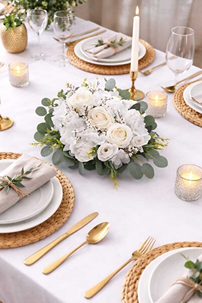 TASARİMECRN Yapay Çiçek Yemek Masası Çiçeği Beyaz Gül Okaliptus Yapay Masa Çi...