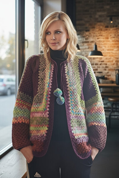 Örgü Sanatı DilekÇak El Örgüsü Patchwork Ömürlük Hırka, Ponpon Detaylı, Renk ...