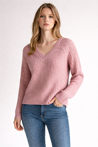 Trendmoona Kadın Basic Pembe Fitilli V Yaka Triko kazak